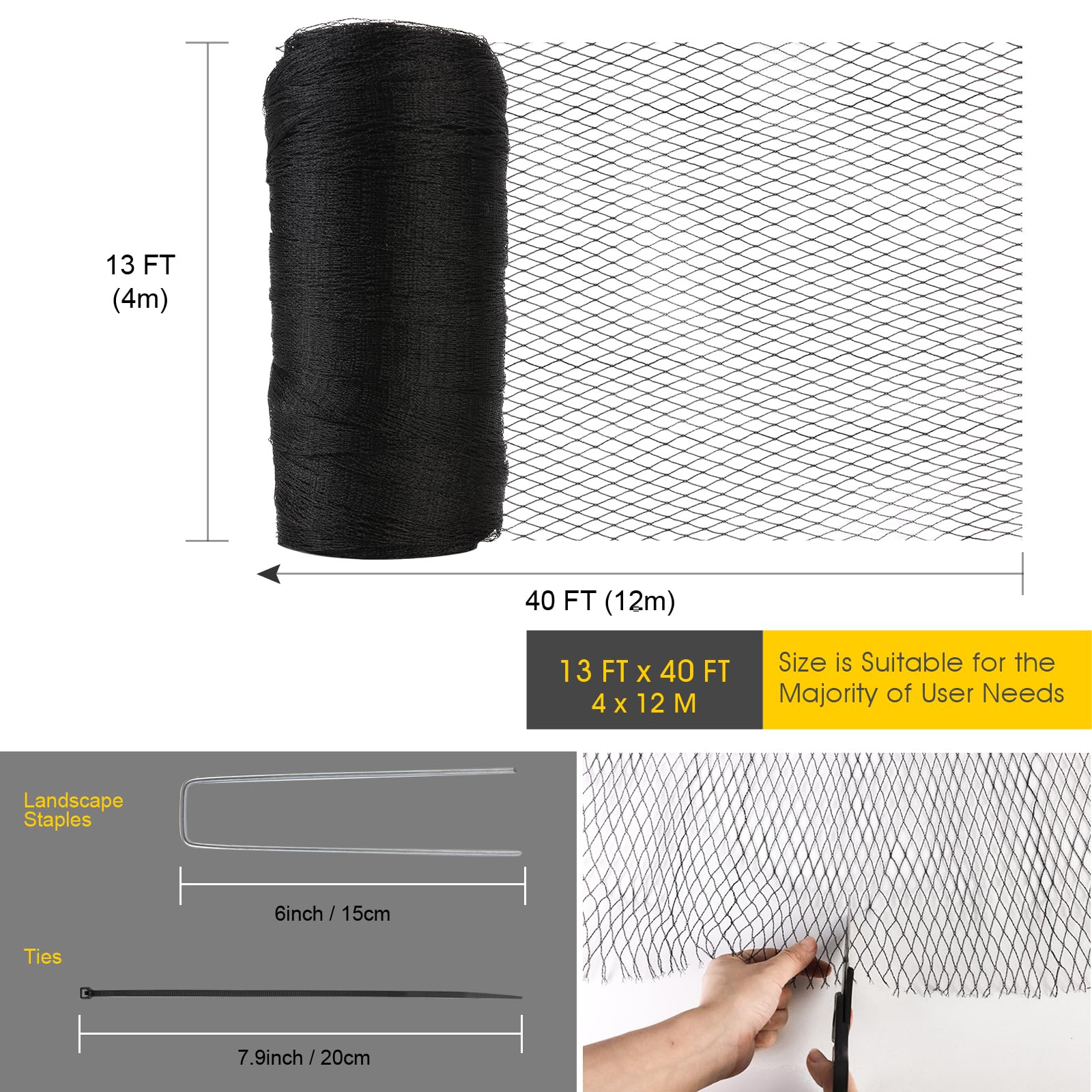 RIFNY Bird Netting with ties and stakes enables quick secure installation