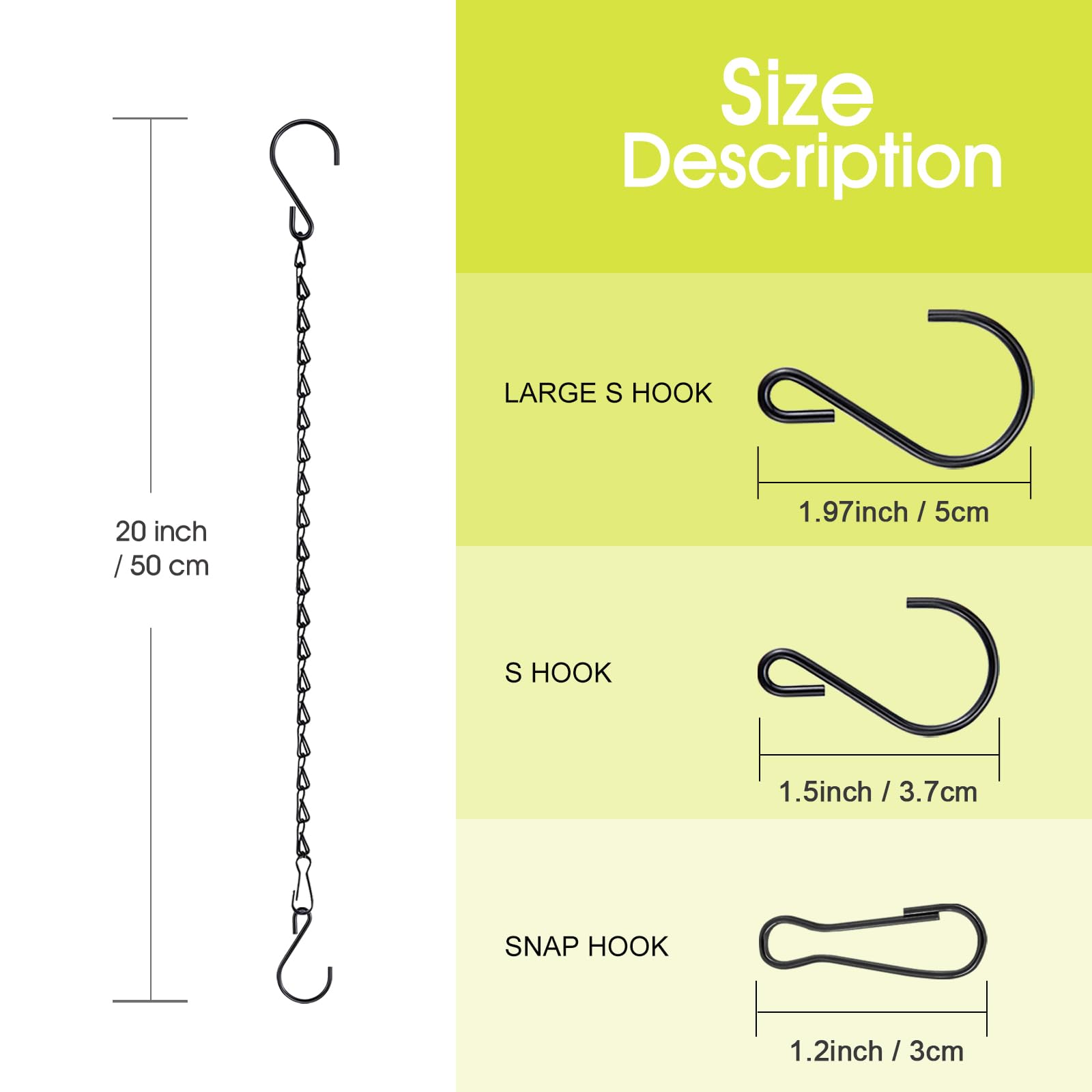 Tool-free installation with included S-hooks and clip.