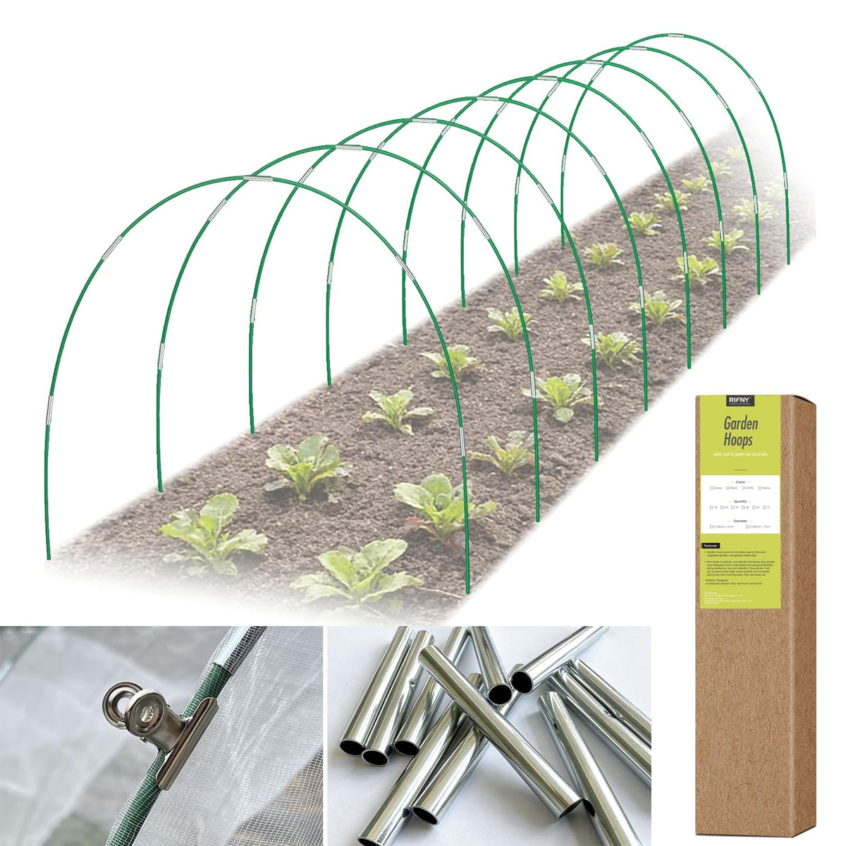 RIFNY 48pcs garden hoops kit for raised beds provides rust-free support.