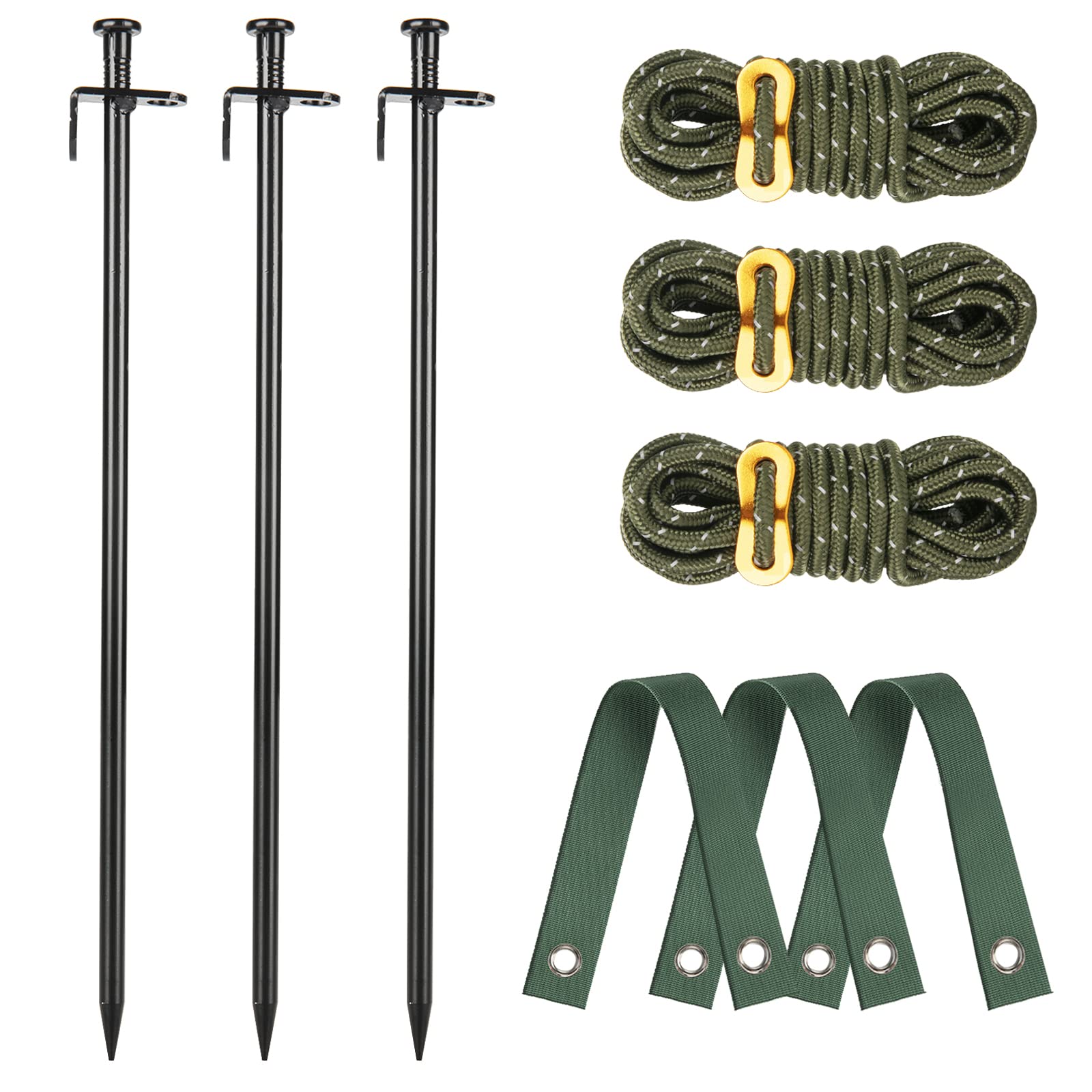 RIFNY heavy duty tree stake kit with three steel stakes stabilizing a young tree.