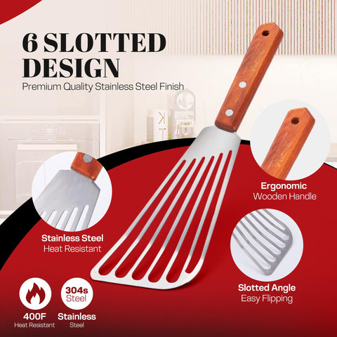 Rifsa slotted blade drains excess oil while flipping delicate items.
