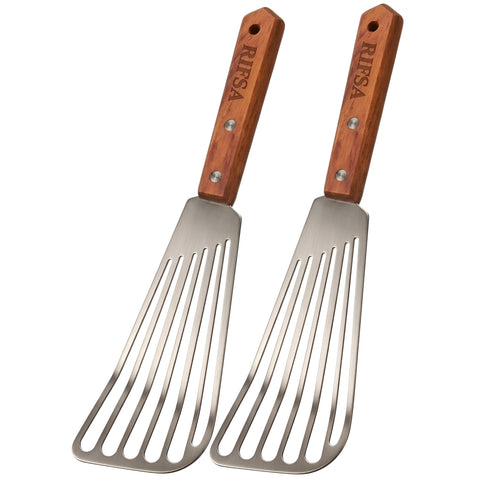 Rifsa fish spatula with stainless steel 2-slotted blade for delicate seafood.