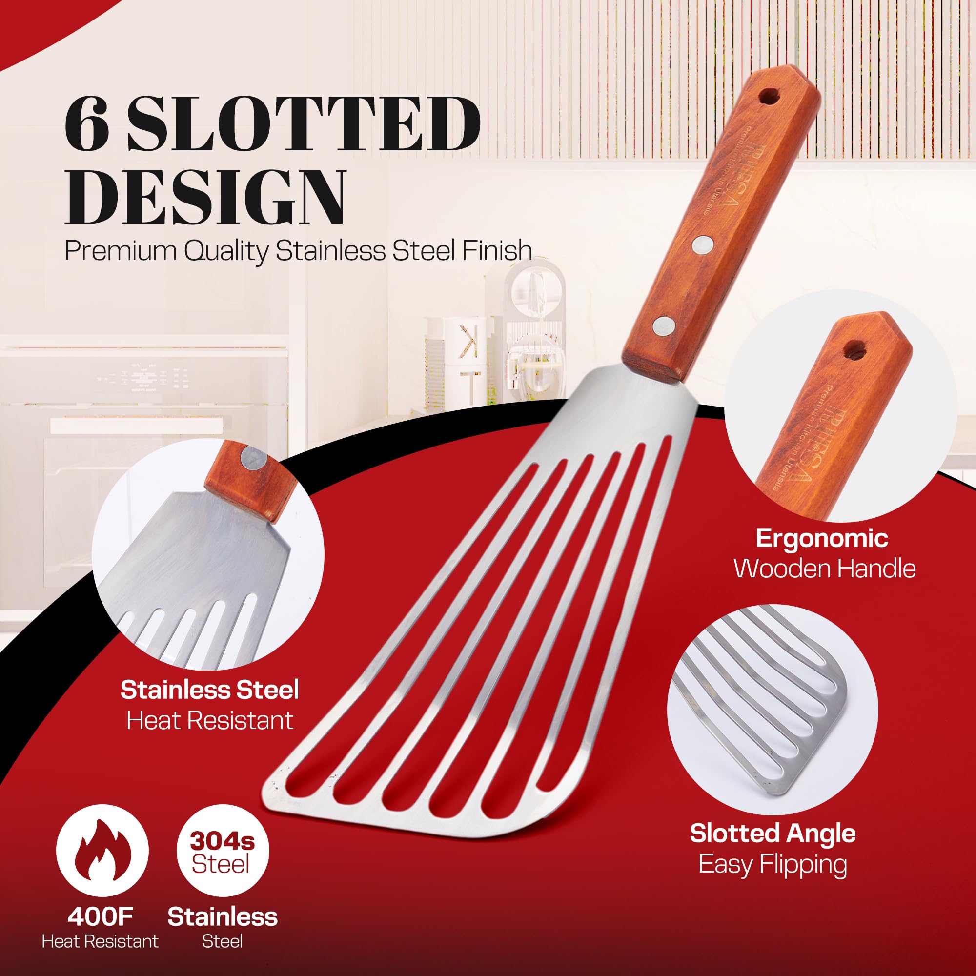 Rifsa silver-toned slotted spatula draining excess oil