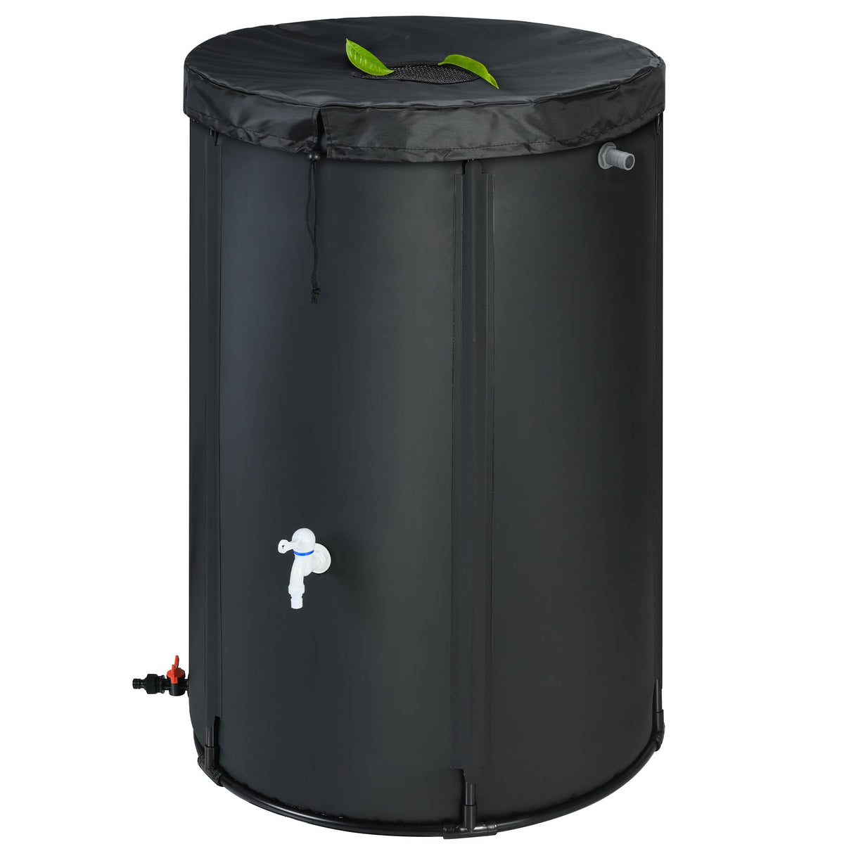 Rihogar 100-gallon rain barrel exterior shows durable black UV-resistant design for long outdoor use.