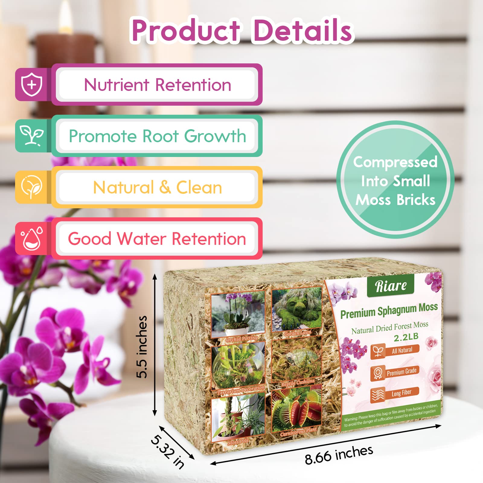 Riare sphagnum moss hydrated to fluffy texture for quick plant hydration.