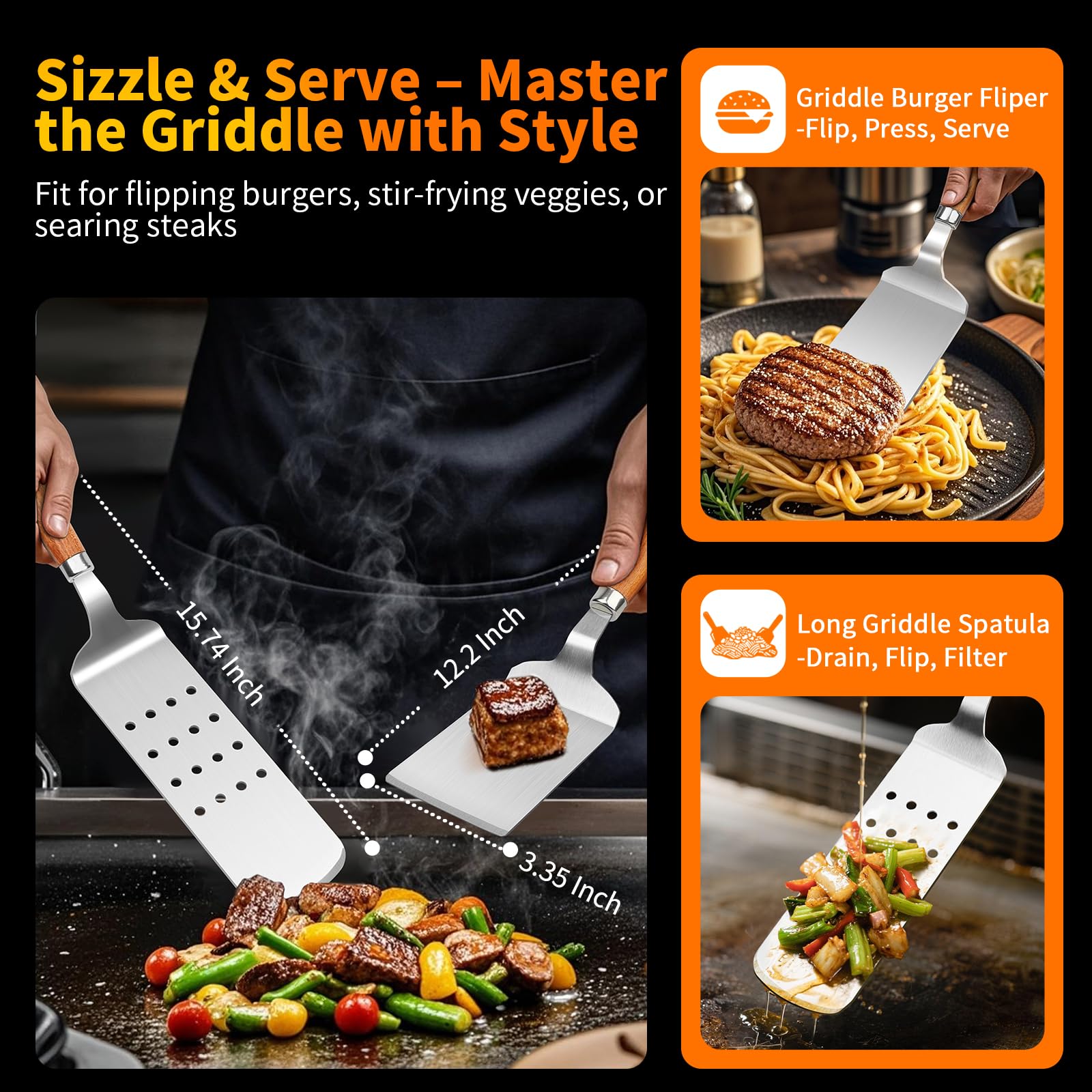 RIKOJUXI griddle scraper tool for quick cleanup after grilling.