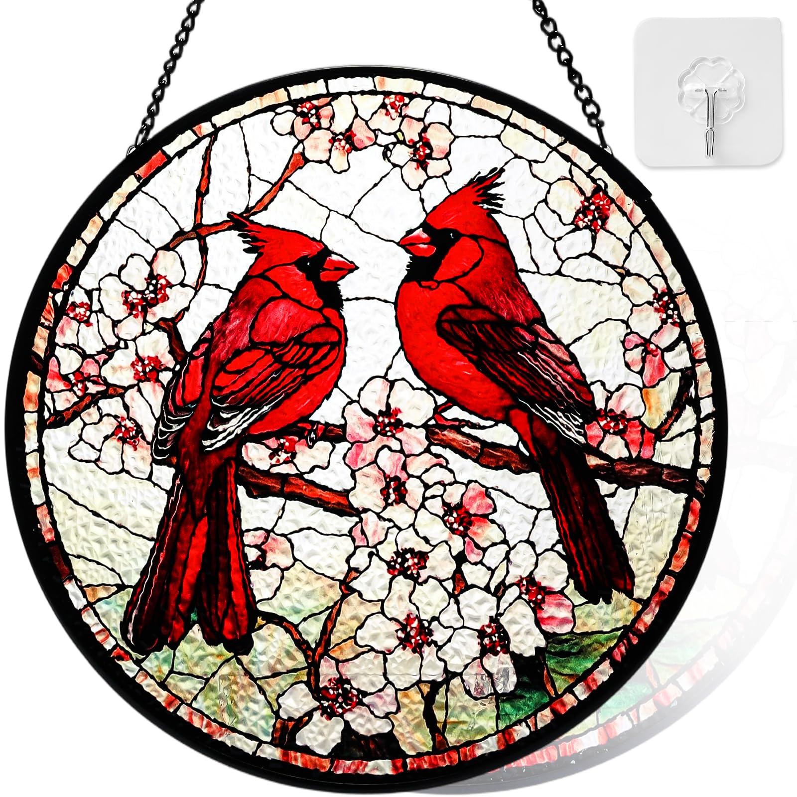 Riletese cardinal stained glass sun catcher graces a sunny window with vibrant color and life.