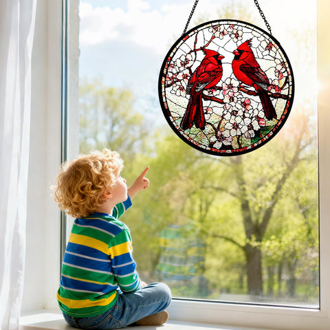 Riletese cardinal sun catcher adds color to balcony decor in sun.