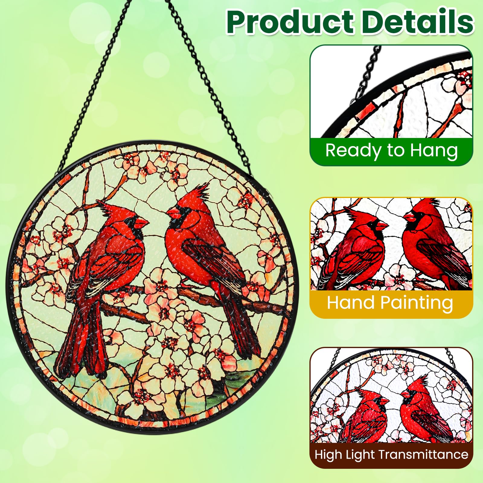 Riletese cardinal sun catcher hanging on chain for easy display.