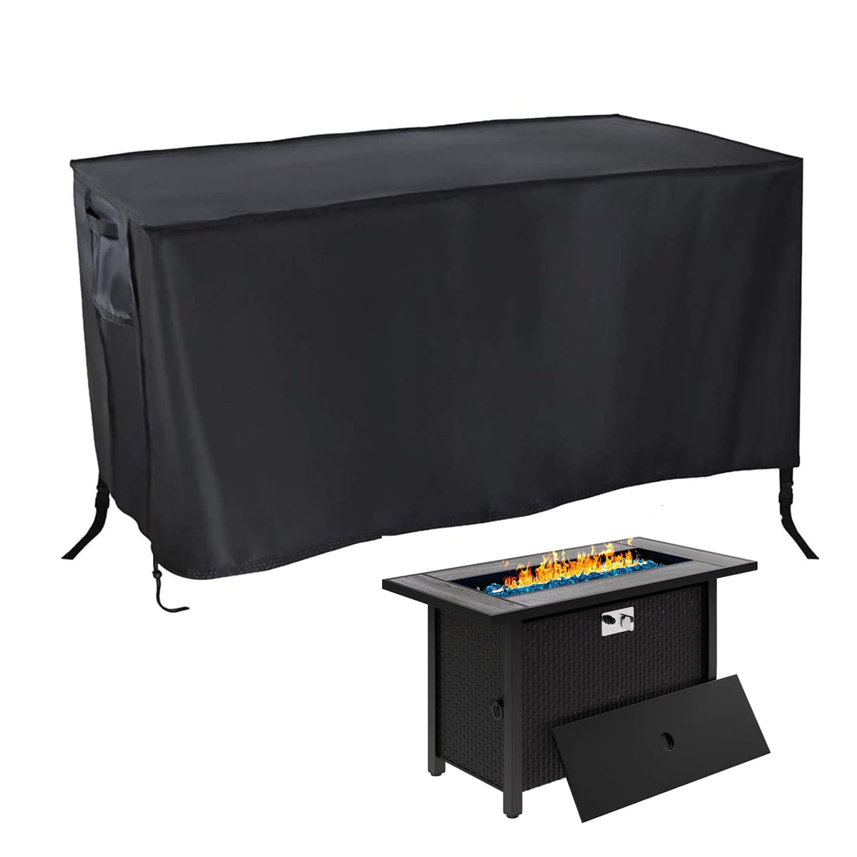 Rilime 45in rectangular fire pit cover protecting a table from rain and sun.