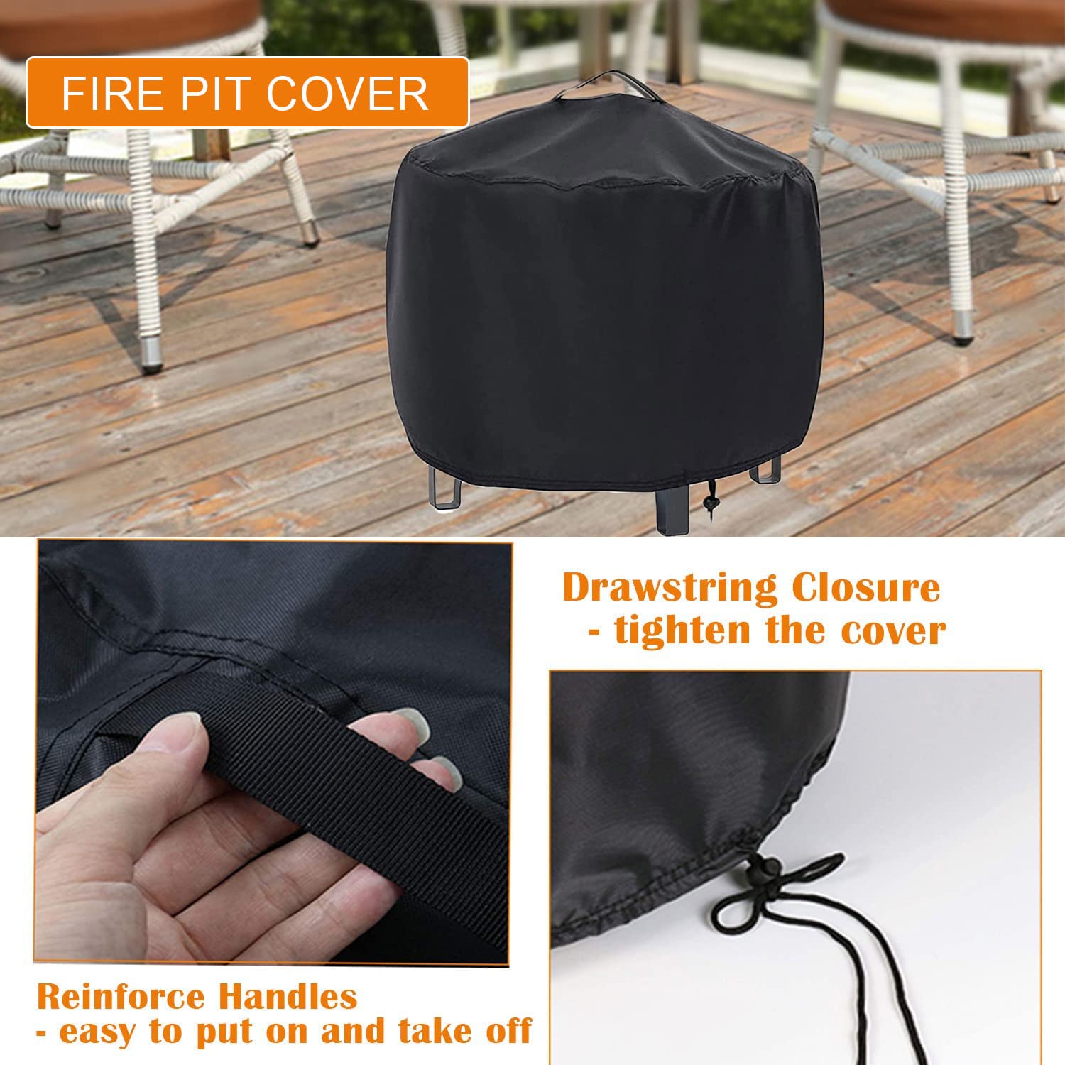 Rilime fire pit cover side view shows full coverage against wind and weather