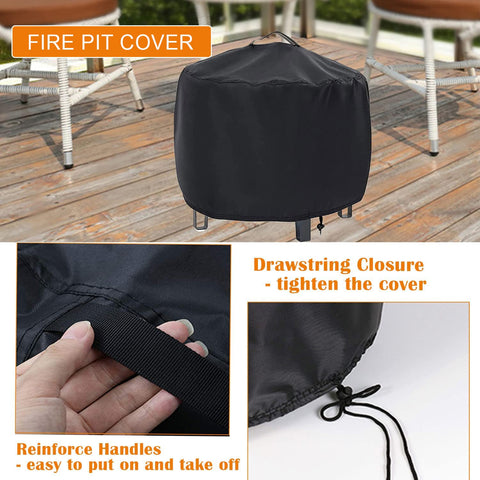 Rilime fire pit cover side view shows full coverage against wind and weather