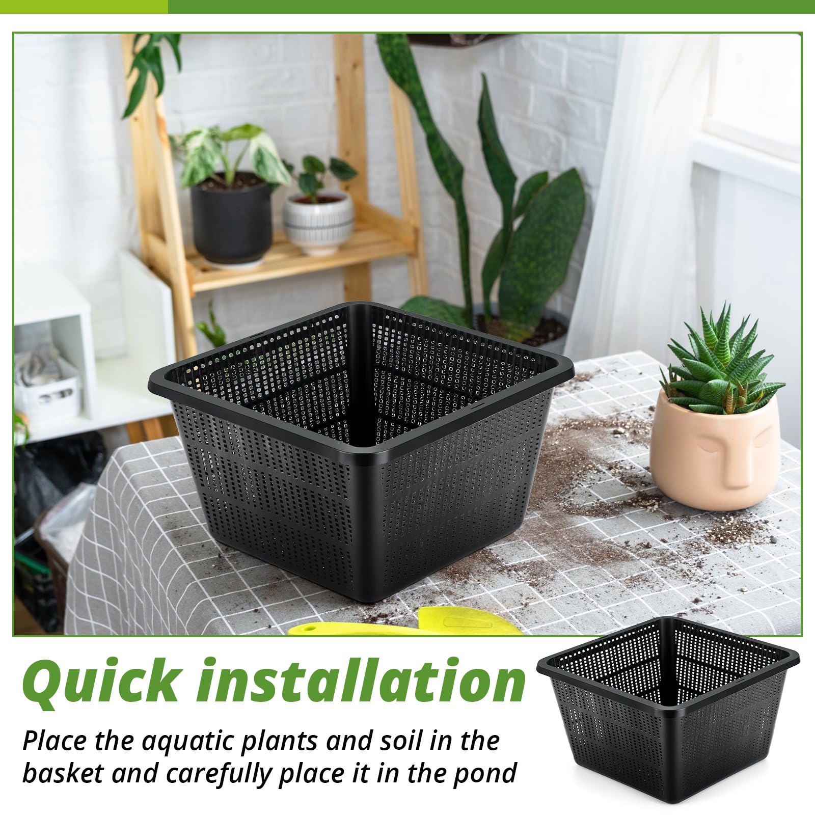 RimCereal size nine-by-nine-by-five-two-inch basket fits compact water gardens.