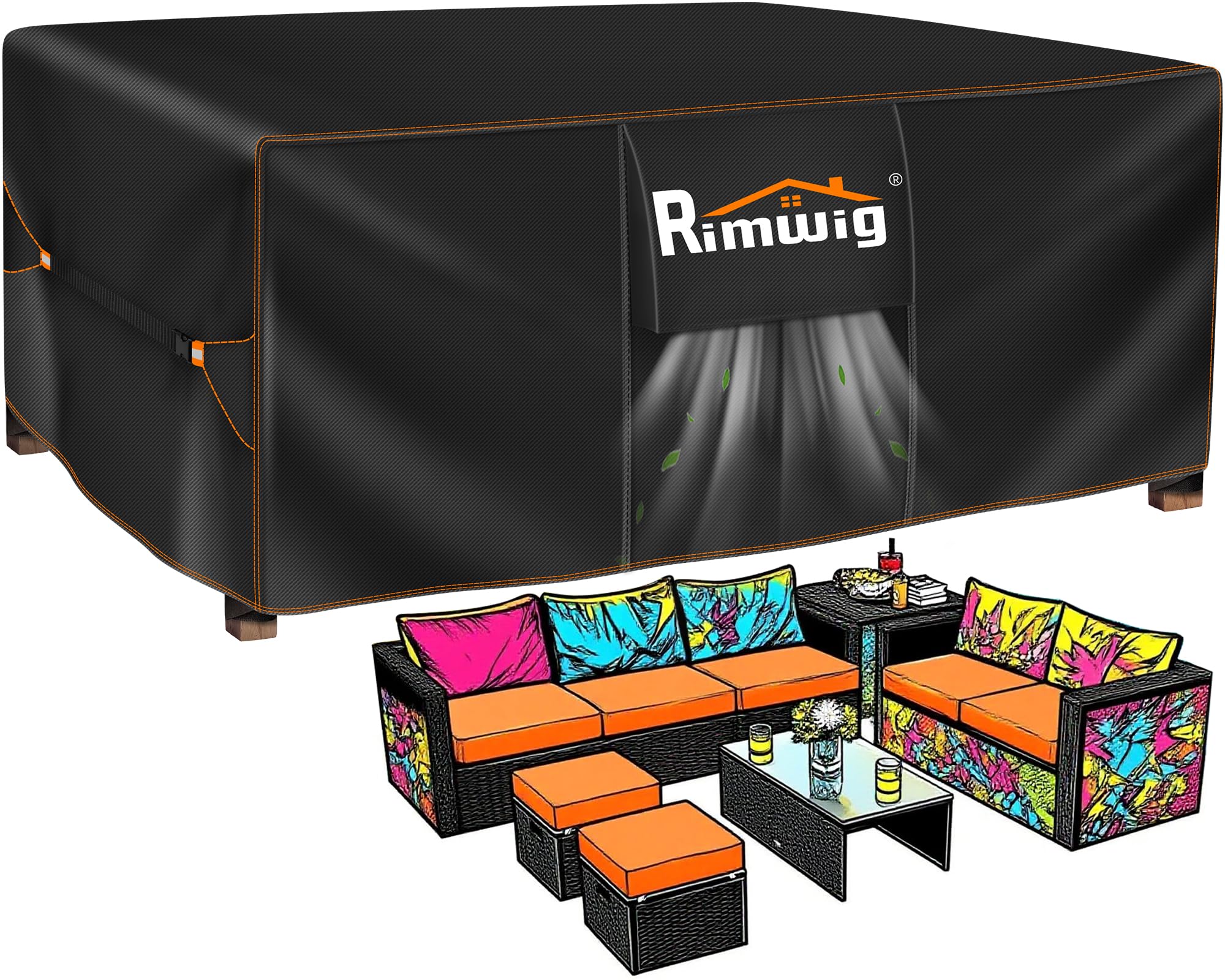 Rimwig patio furniture cover shows waterproof coating protecting cushions from rain.