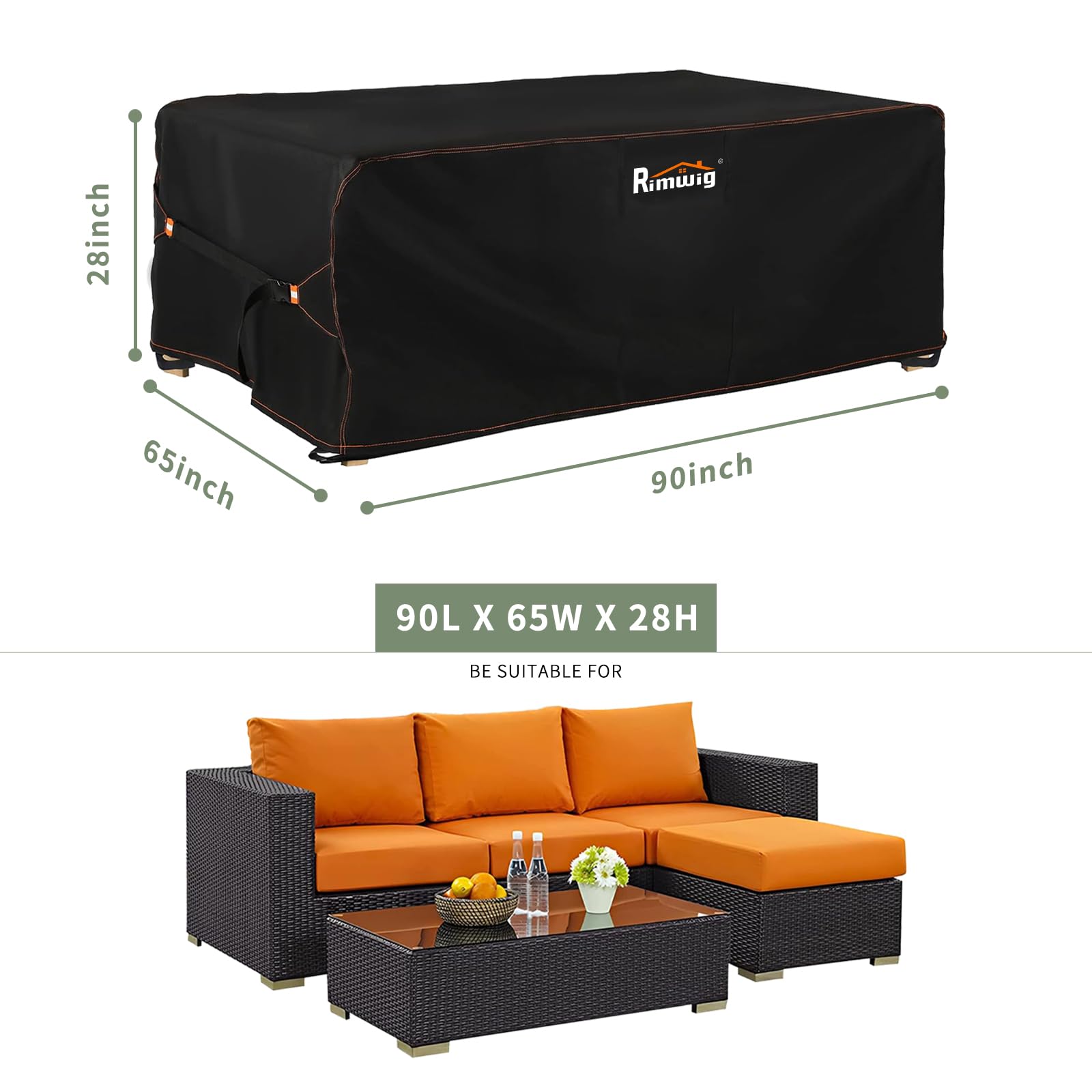 Rimwig rectangular table cover sized 90L x 65W x 28H in use.
