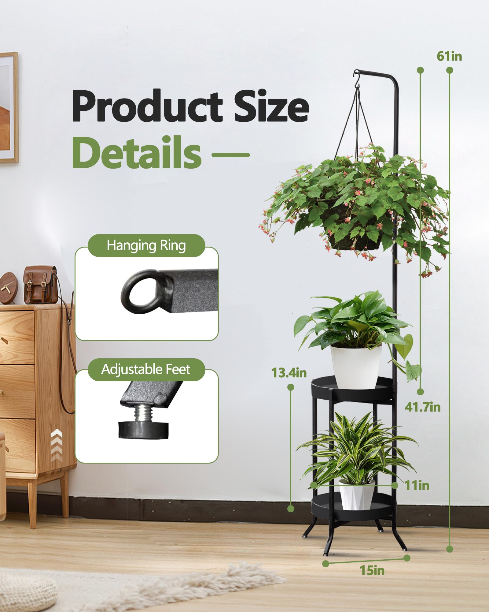 RINBOU 2-tier stand stands 61 inches tall for vertical plant displays.