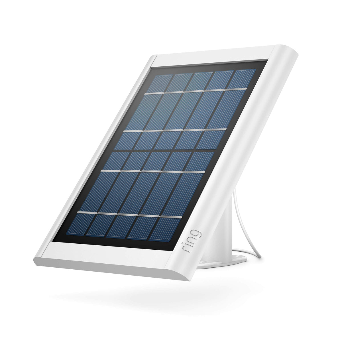 Ring 5W solar panel with barrel plug powering Spotlight Cam Battery outdoors