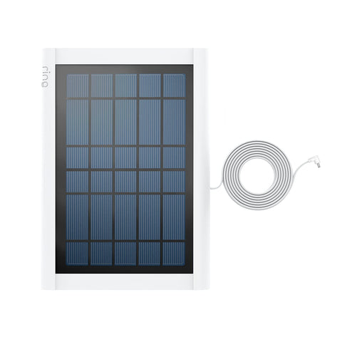 Ring 5W solar panel with barrel plug powering Stick Up Cam Battery for continuous outdoor use