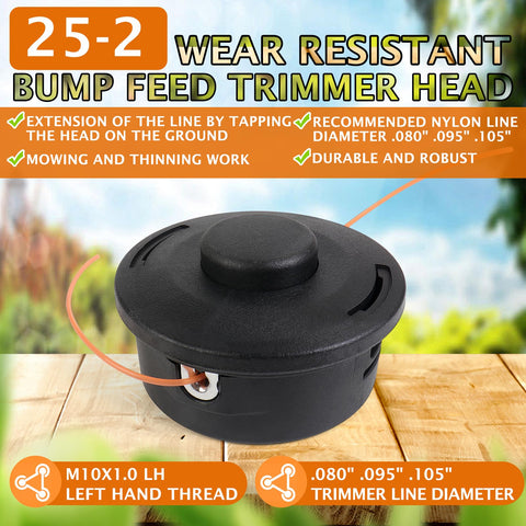 Rinlius 25-2 trimmer head bump feed side view showing robust construction for heavy yard work