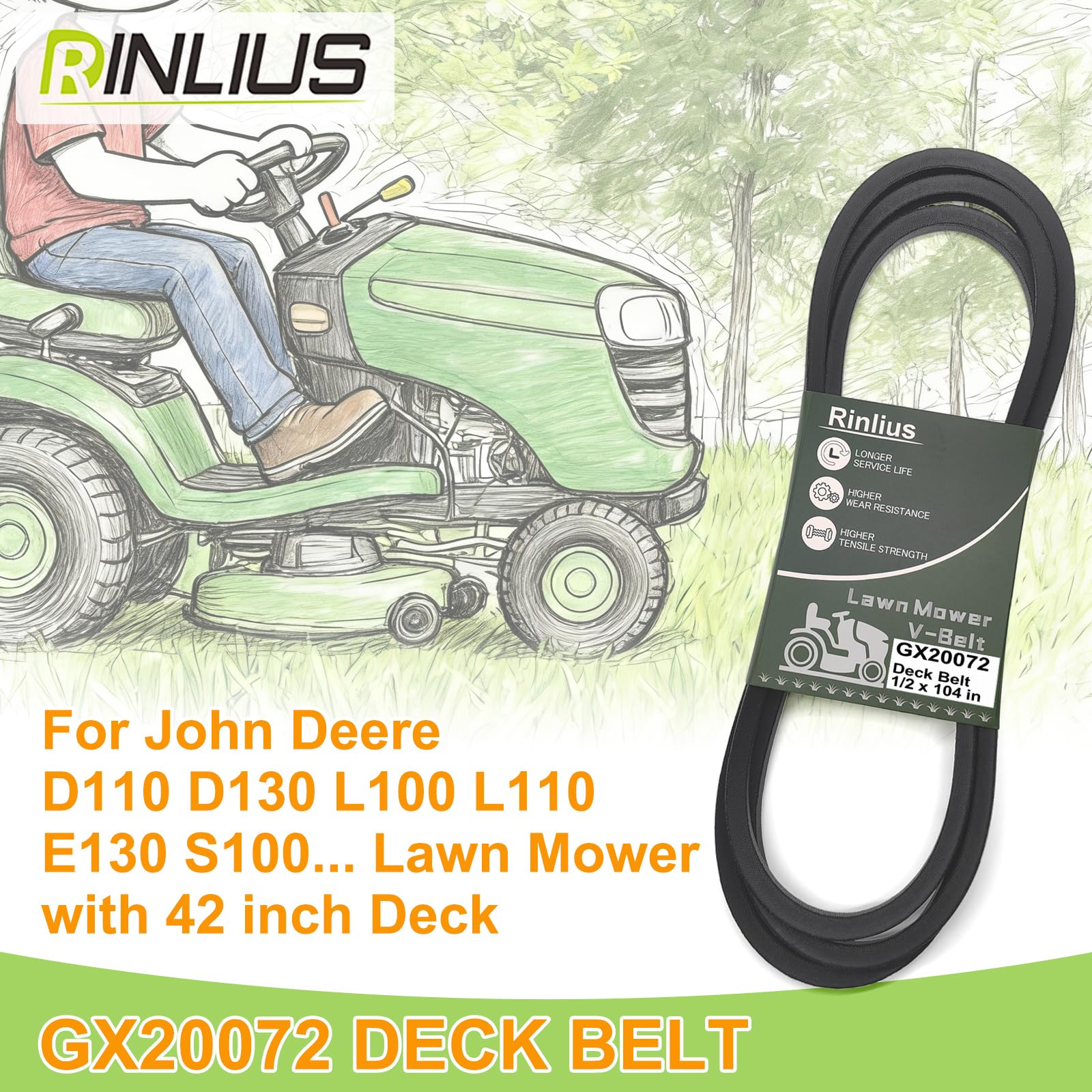 Rinlius GX20072 belt reference showing OEM compatibility with GY20570 and Deere models.