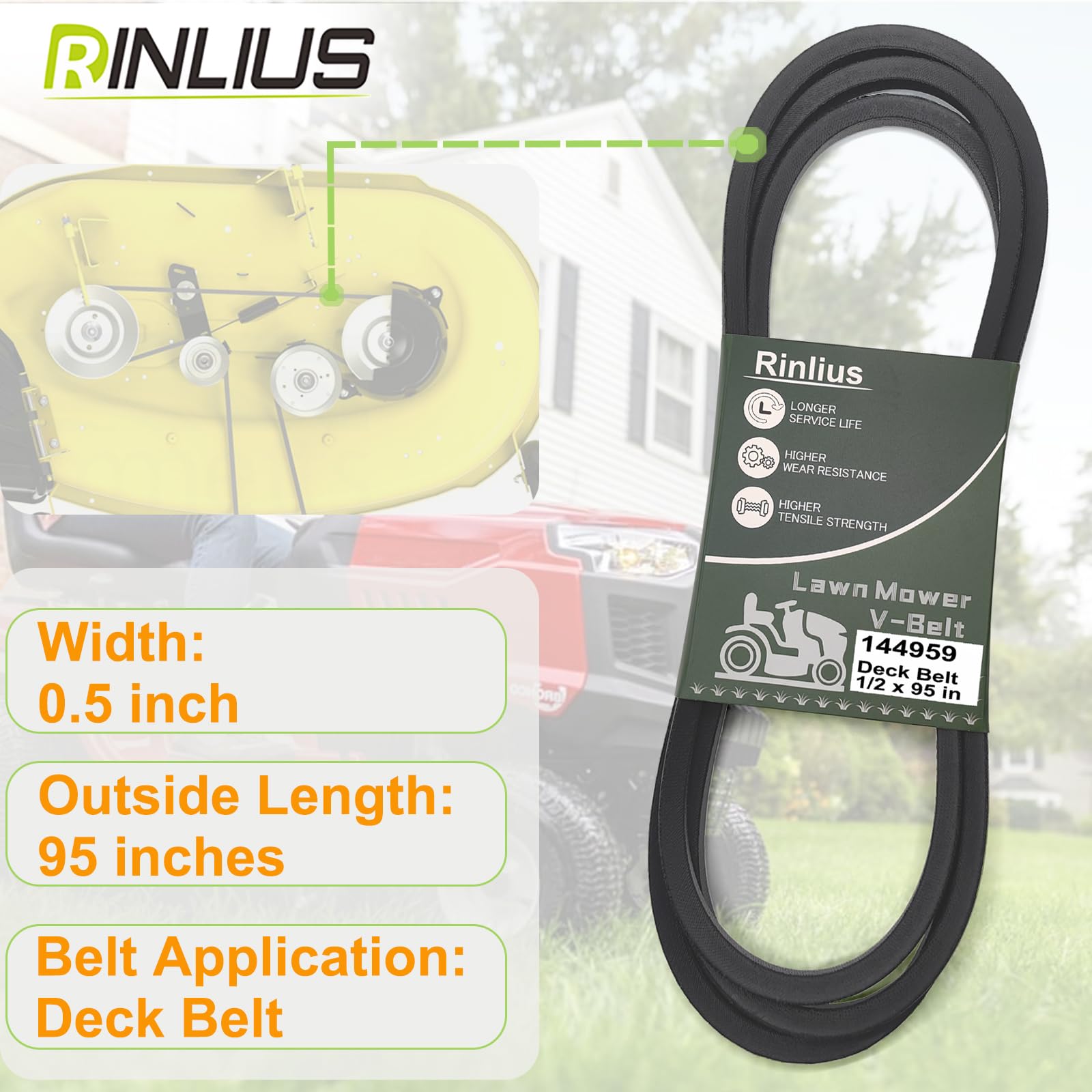 Rinlius deck belt demonstrates compatibility with Poulan and Murray models