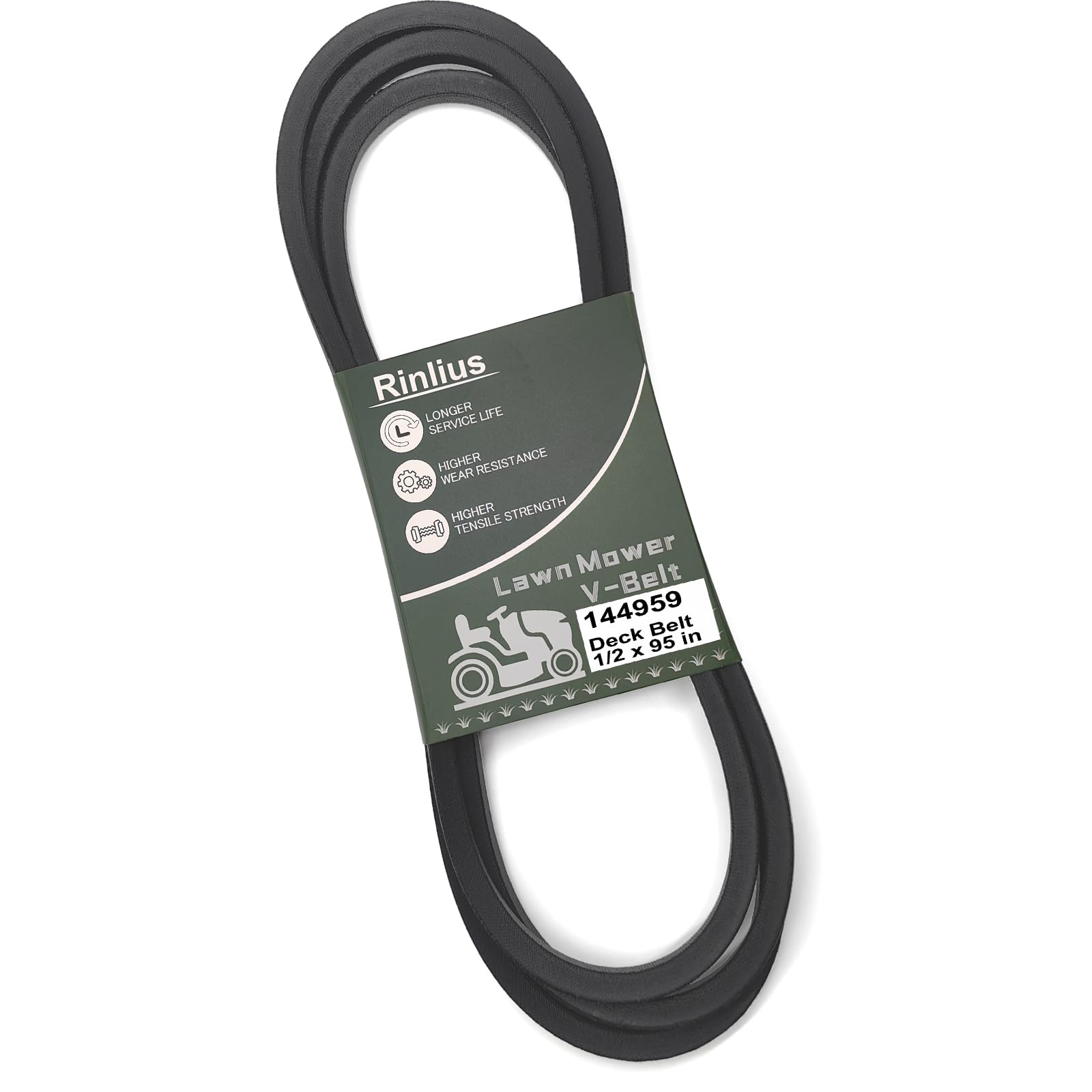 Rinlius mower deck belt 144959 showing cross-brand compatibility for easy replacement