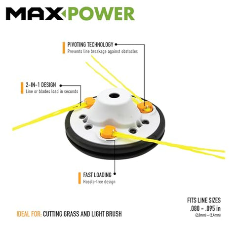 Rino-Tuff Pivotrim swivel head reduces string damage from impacts.