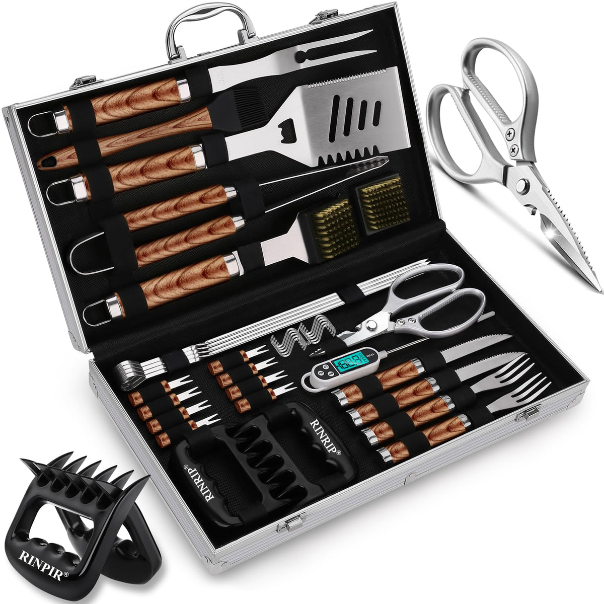 RINPIR deluxe grilling set in aluminum case, organized for easy backyard grilling