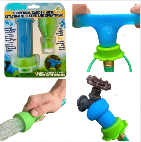 Rinseroo stretch-connect attachment secures a faucet for gravity-fed hose use.