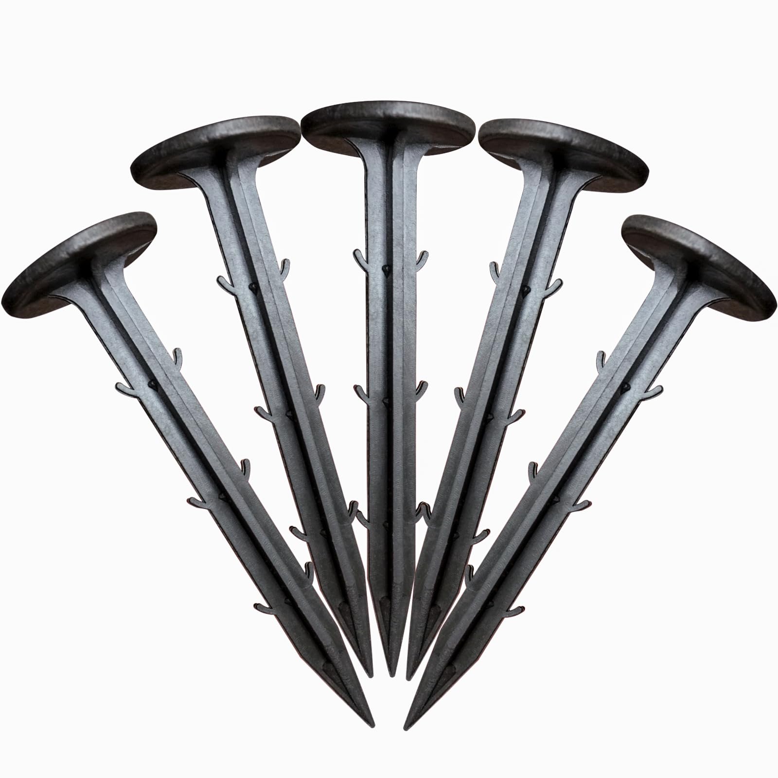 Rinteria 50-pack stakes with 4.3-inch tips securing weed barrier fabric.