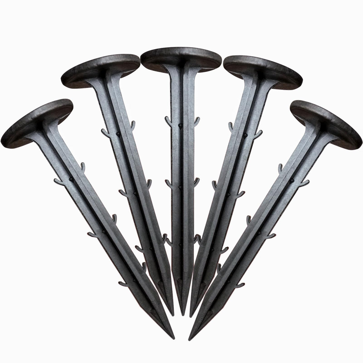 Rinteria 50-pack stakes with 4.3-inch tips securing weed barrier fabric.