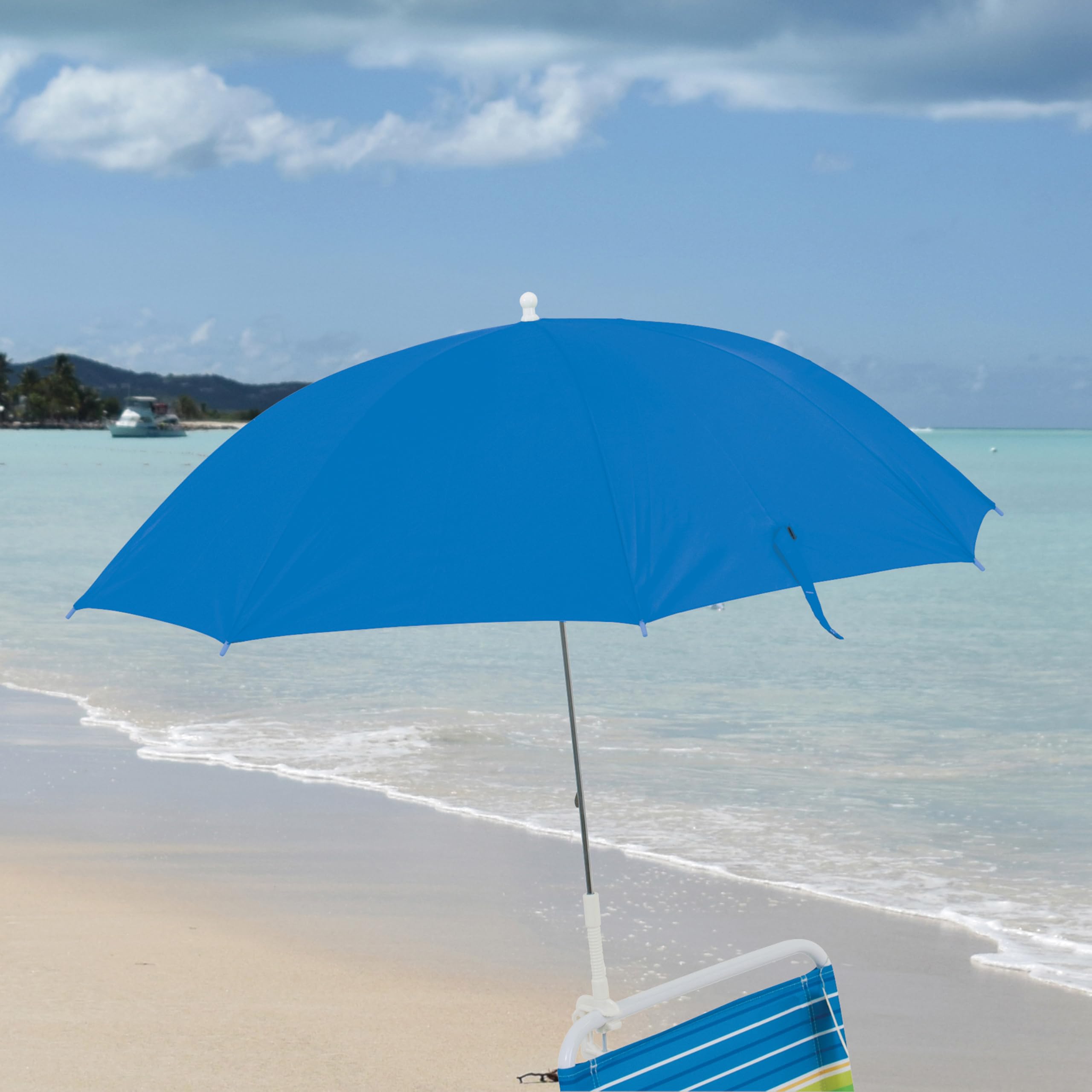 Rio Brands Wave Beach Umbrella attached to chair armrest for sun protection