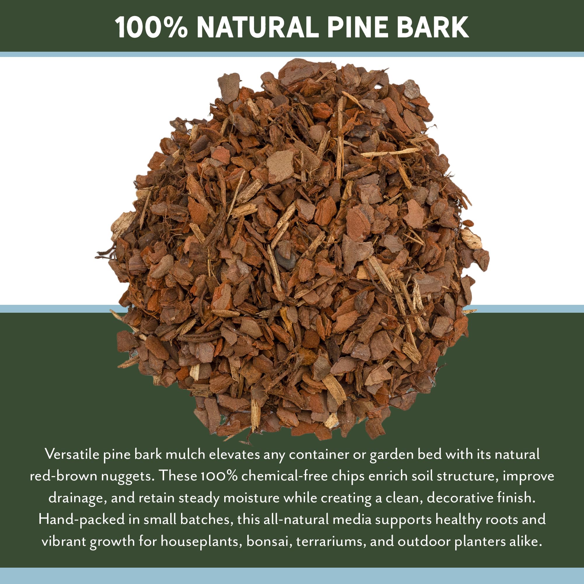 Rio Hamza pine bark mulch nuggets terrarium display accent and moisture retention.