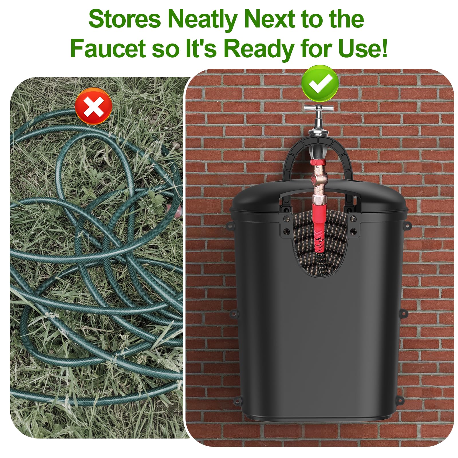 Riokko hose holder capacity graphic shows 25–100 ft hose compatibility