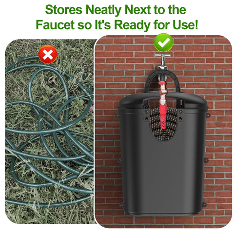 Riokko hose holder capacity graphic shows 25–100 ft hose compatibility