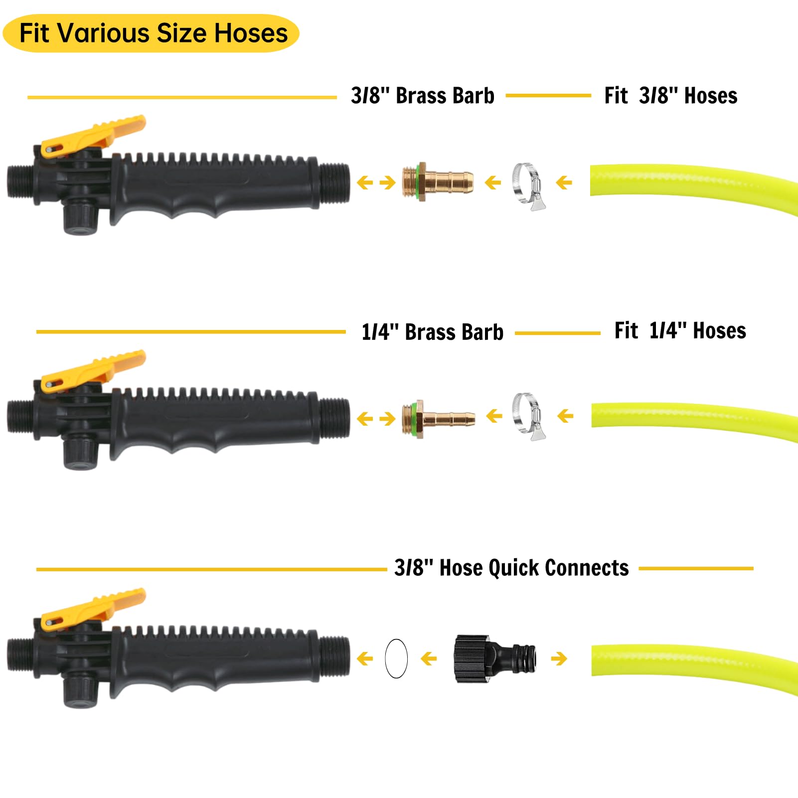 Riomhorry brass barb connectors fit 1/4" and 3/8" hoses for versatile attachment.