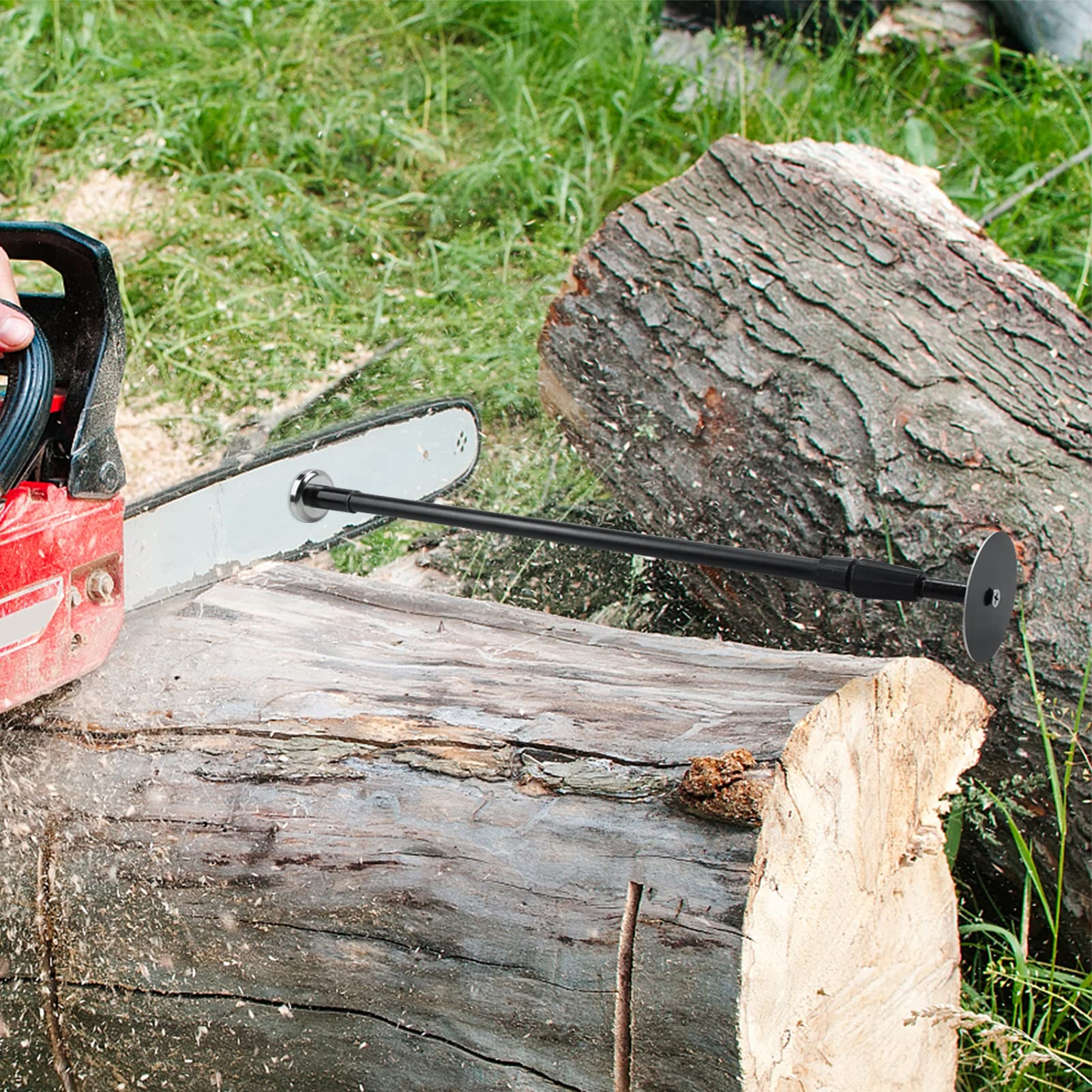 Riomhorry marks wood length on bark for consistent stove-ready pieces.