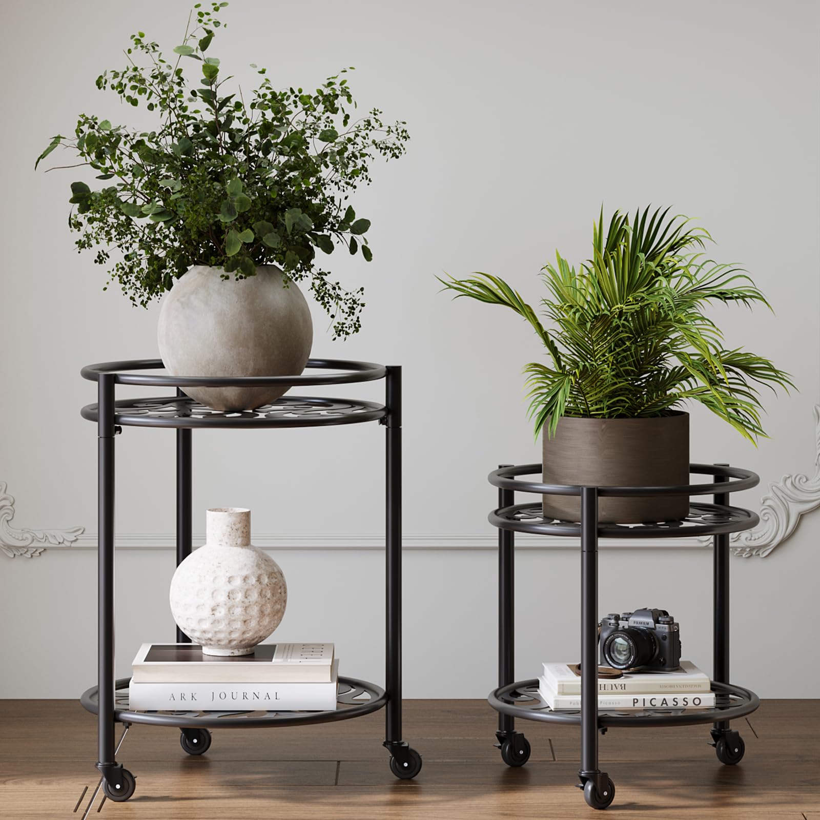 Rioneta 2-tier rolling plant stand with wheels, side view, easy mobility for heavy pots.