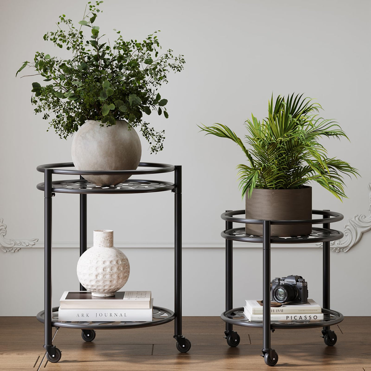 Rioneta 2-tier rolling plant stand with wheels, side view, easy mobility for heavy pots.