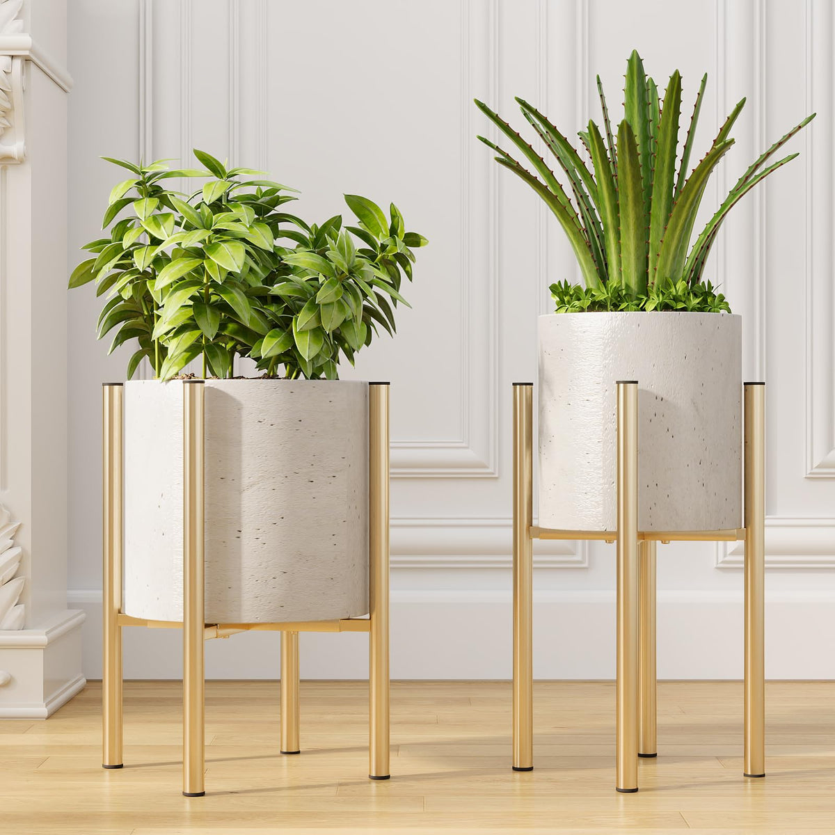 Rioneta adjustable metal plant stand holds 9–15 inch pots with a golden finish for versatile displays.