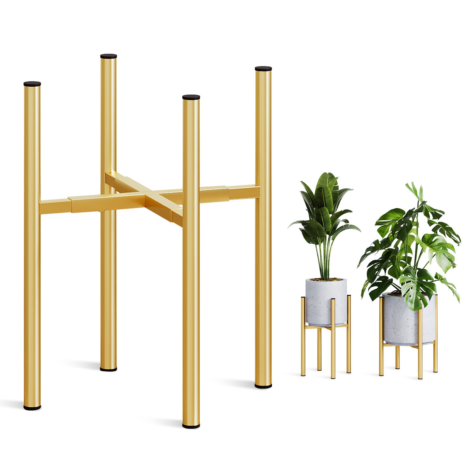Rioneta adjustable plant stand supports 8-14 inch pots with a golden finish for flexible layouts.