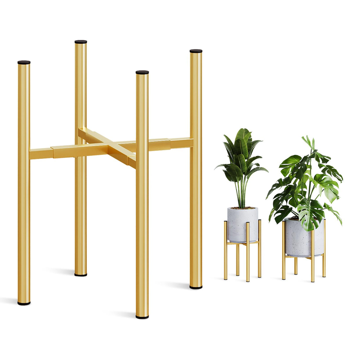 Rioneta adjustable plant stand supports 8-14 inch pots with a golden finish for flexible layouts.