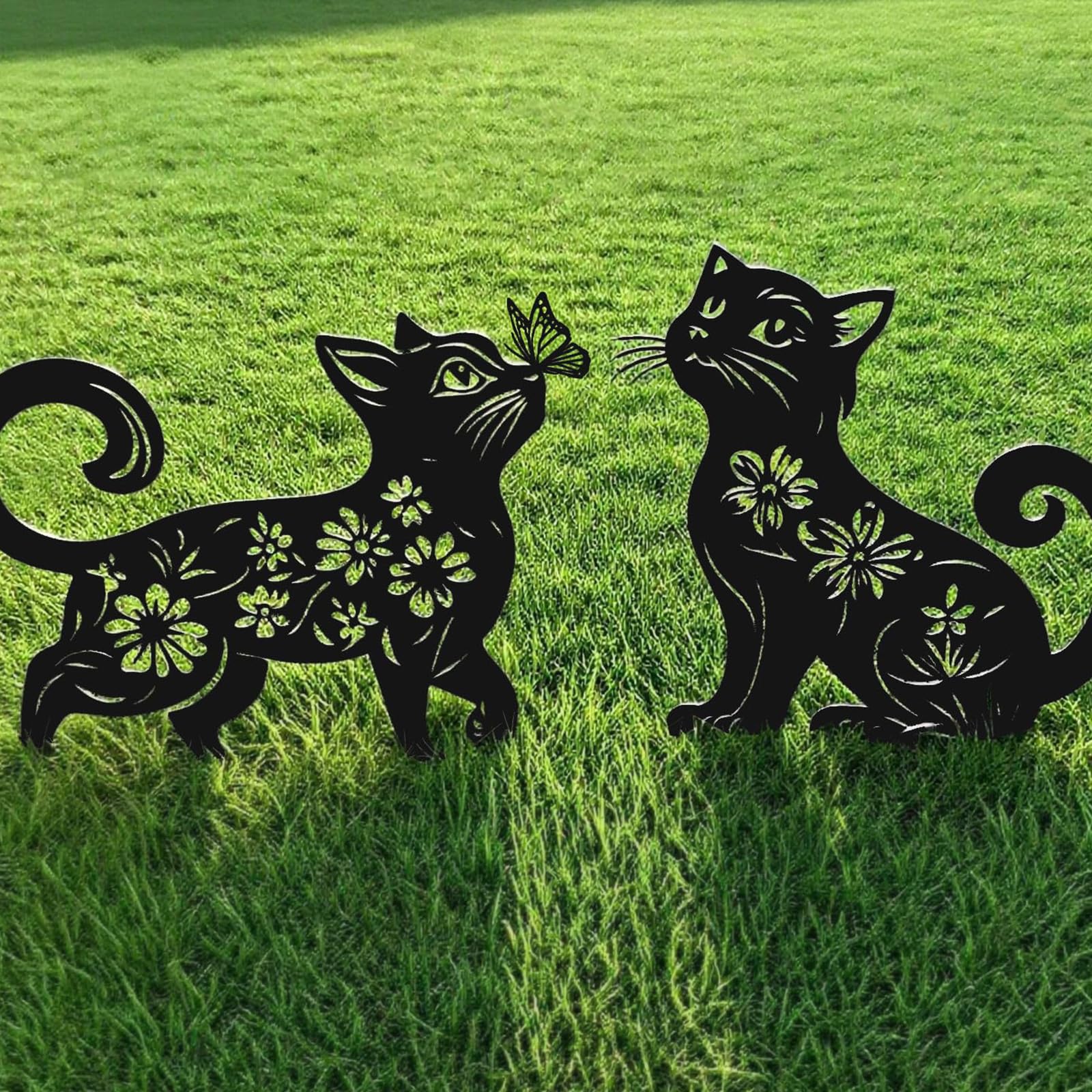 Rioneta cat garden stake left cat adds playful yard charm.