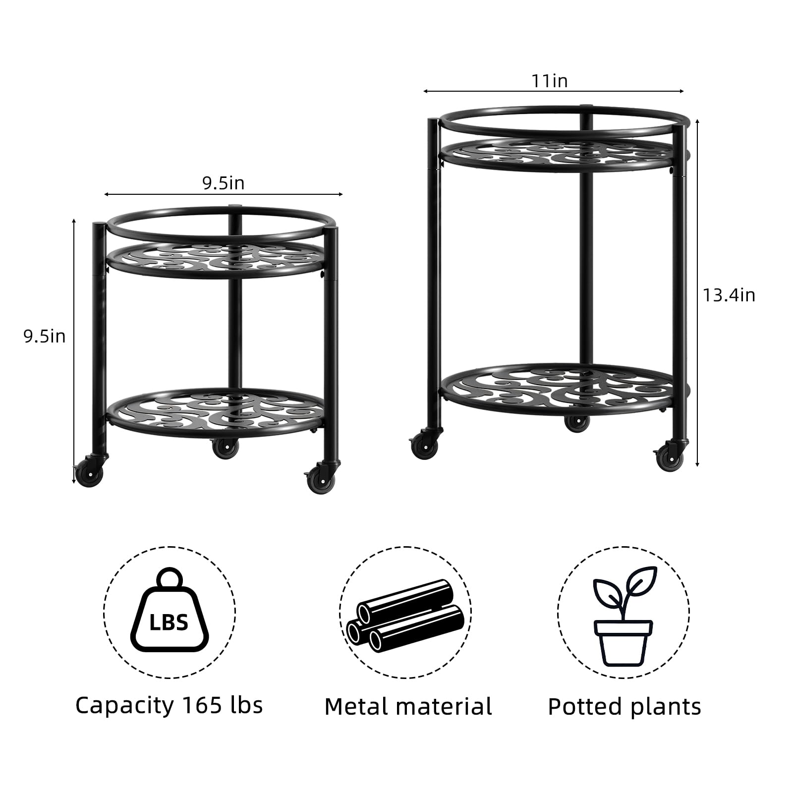Rioneta rolling plant stand, front angled view, accommodates 9-inch and 11-inch pots for versatile display.