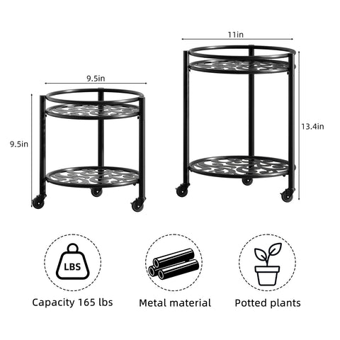 Rioneta rolling plant stand, front angled view, accommodates 9-inch and 11-inch pots for versatile display.