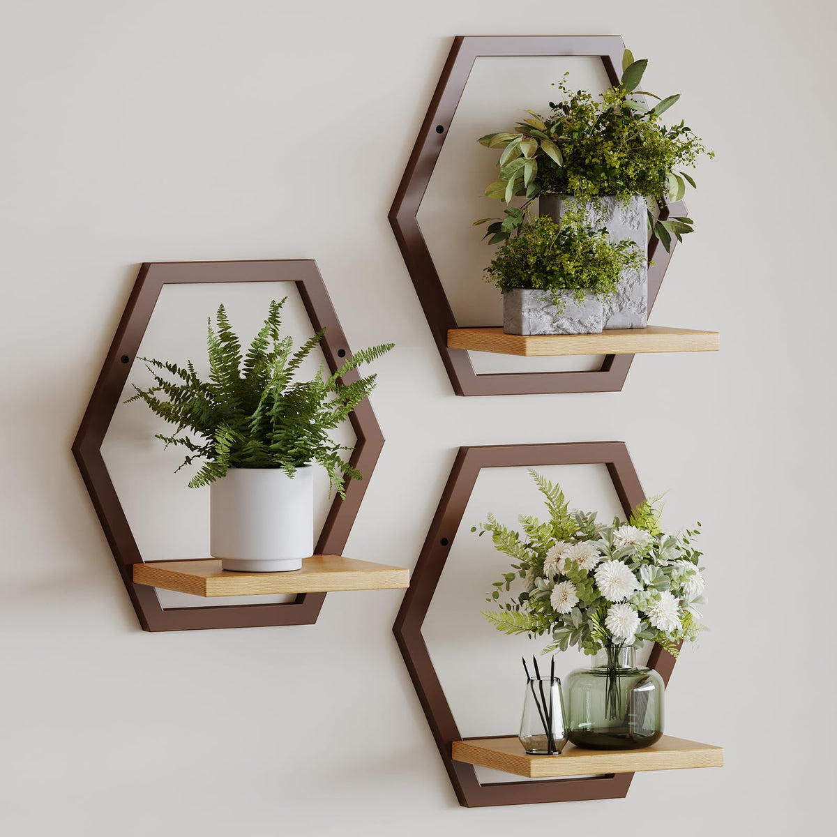 Rioneta wall plant stand arch with natural wood shelf for indoor greenery.