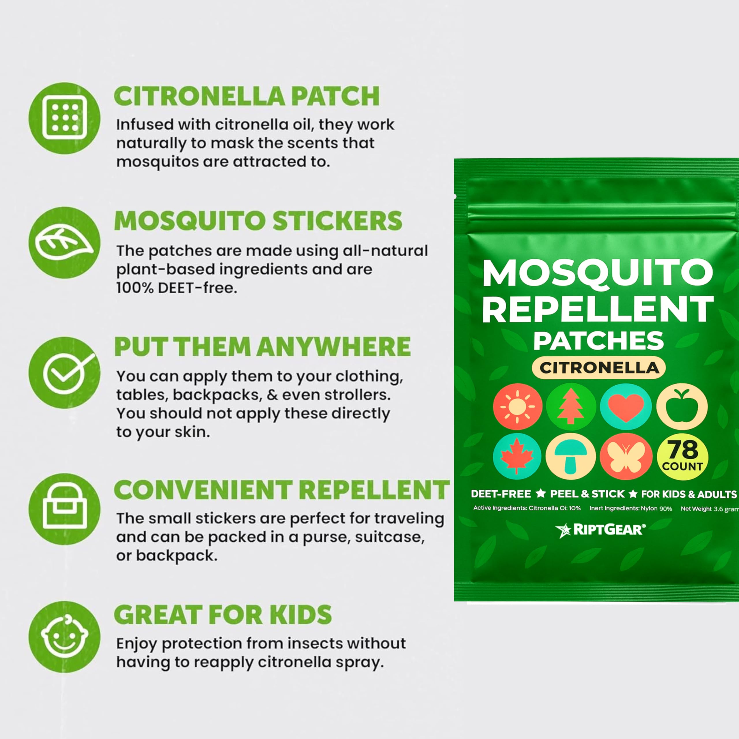 RiptGear citronella patch on fabric provides a natural scent-based repellent.
