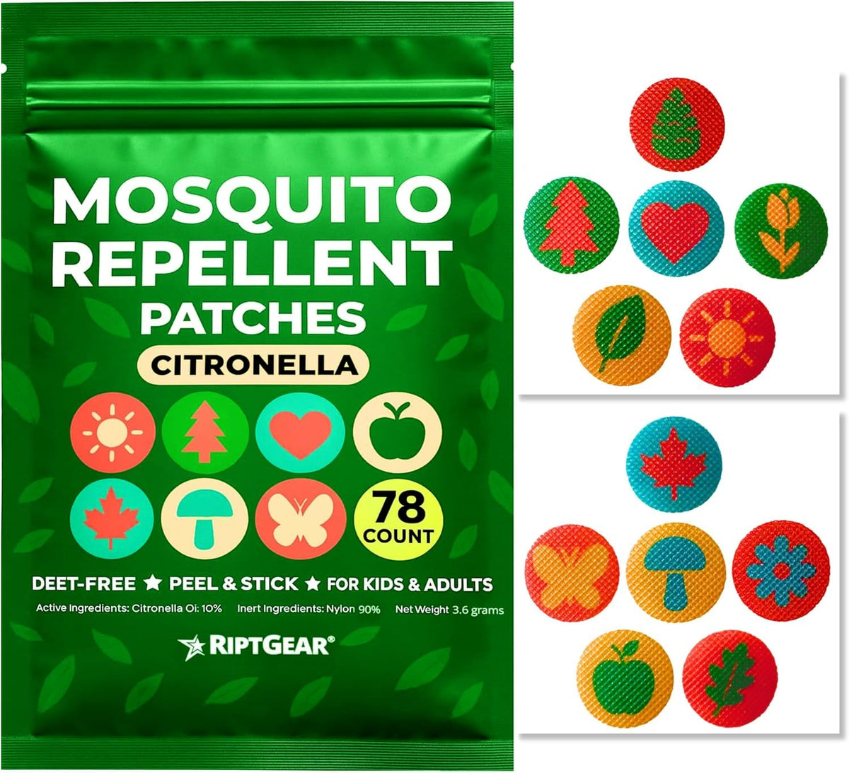 RiptGear mosquito patches, 78-pack, applied as stickers on clothing for outdoor protection.