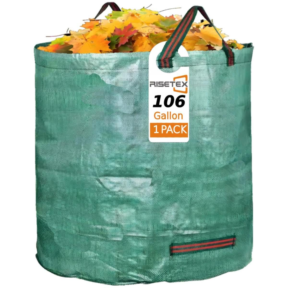 RISETEX 106-gallon leaf bag front view showing massive capacity for yard debris.