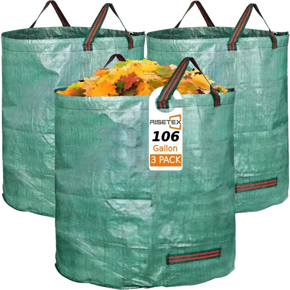 RISETEX Leaf Collector 3-Pack shows its large 106-gallon capacity for leaves and yard debris.